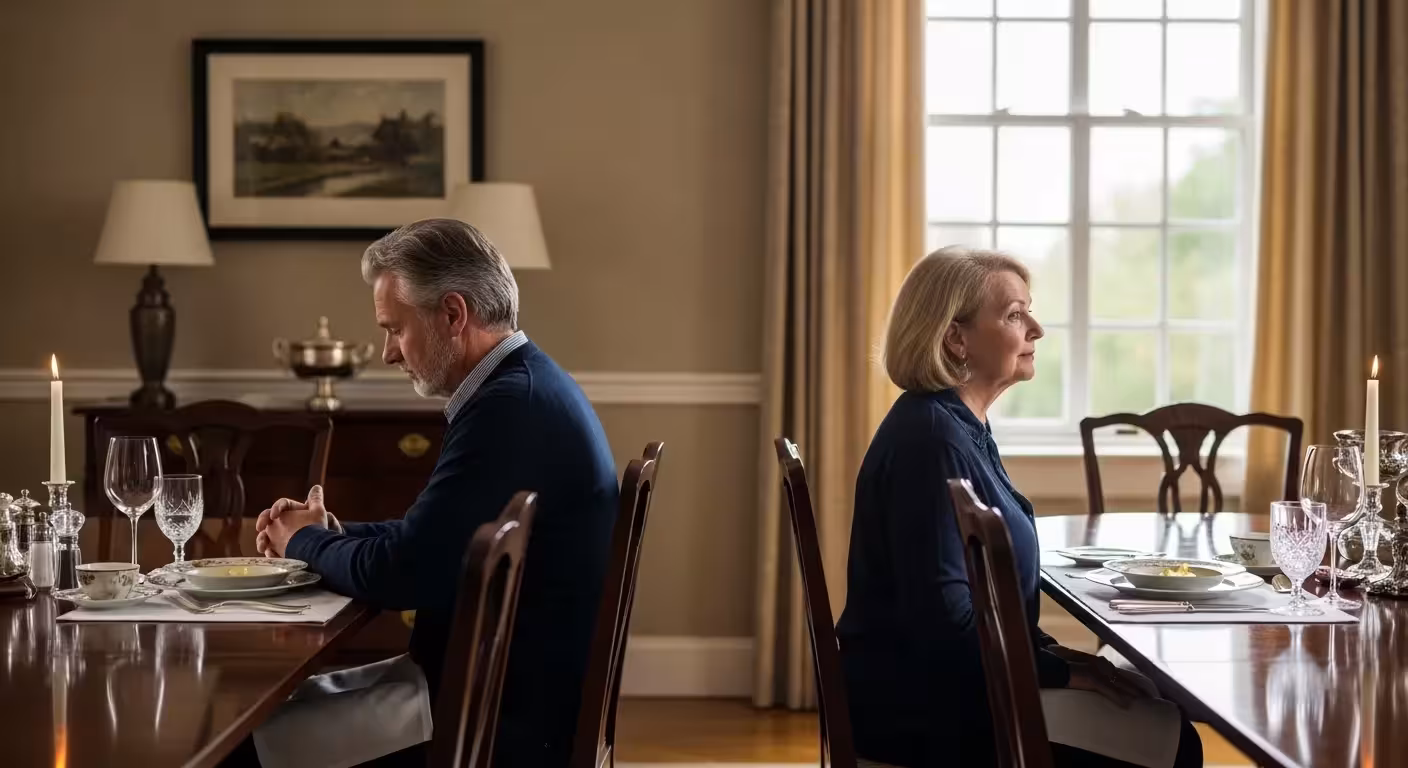 Couple distanced at dinner table, symbolizing emotional disconnect.