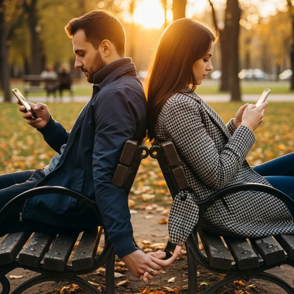 Couple on park bench, looking at phones, emotional distance.