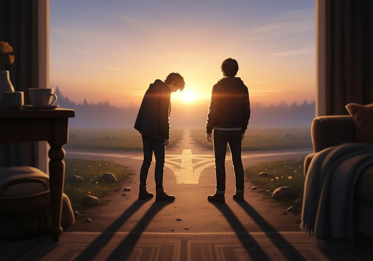 Two people at a crossroads, contemplating different paths, representing relationship uncertainty.