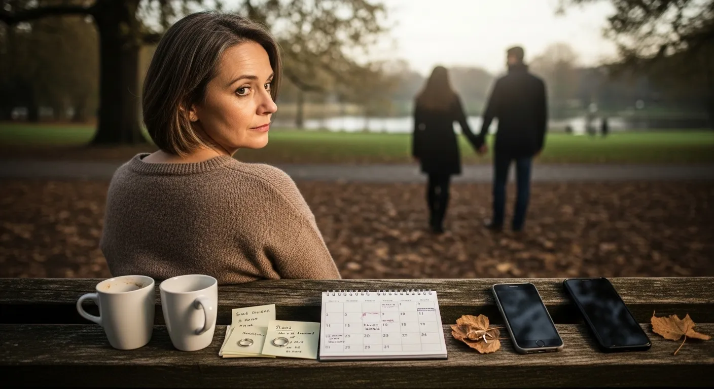 Woman reflecting on her relationship, observing a happy couple.