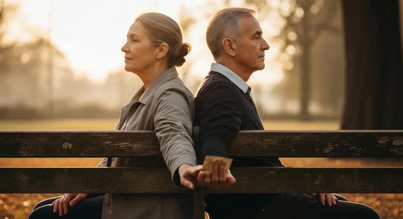 Mature couple sits apart on bench, reflecting.