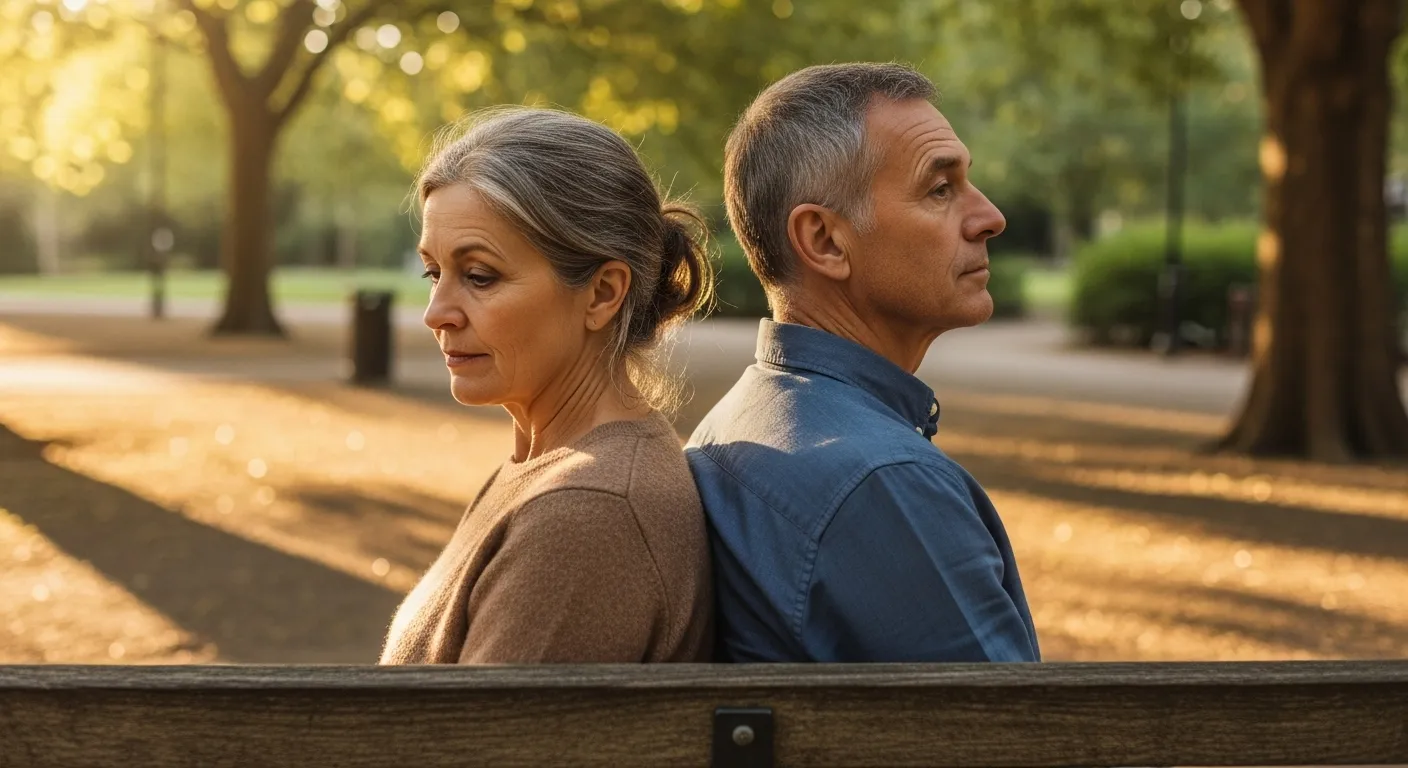 Couple sitting apart on bench, contemplating relationship challenges.