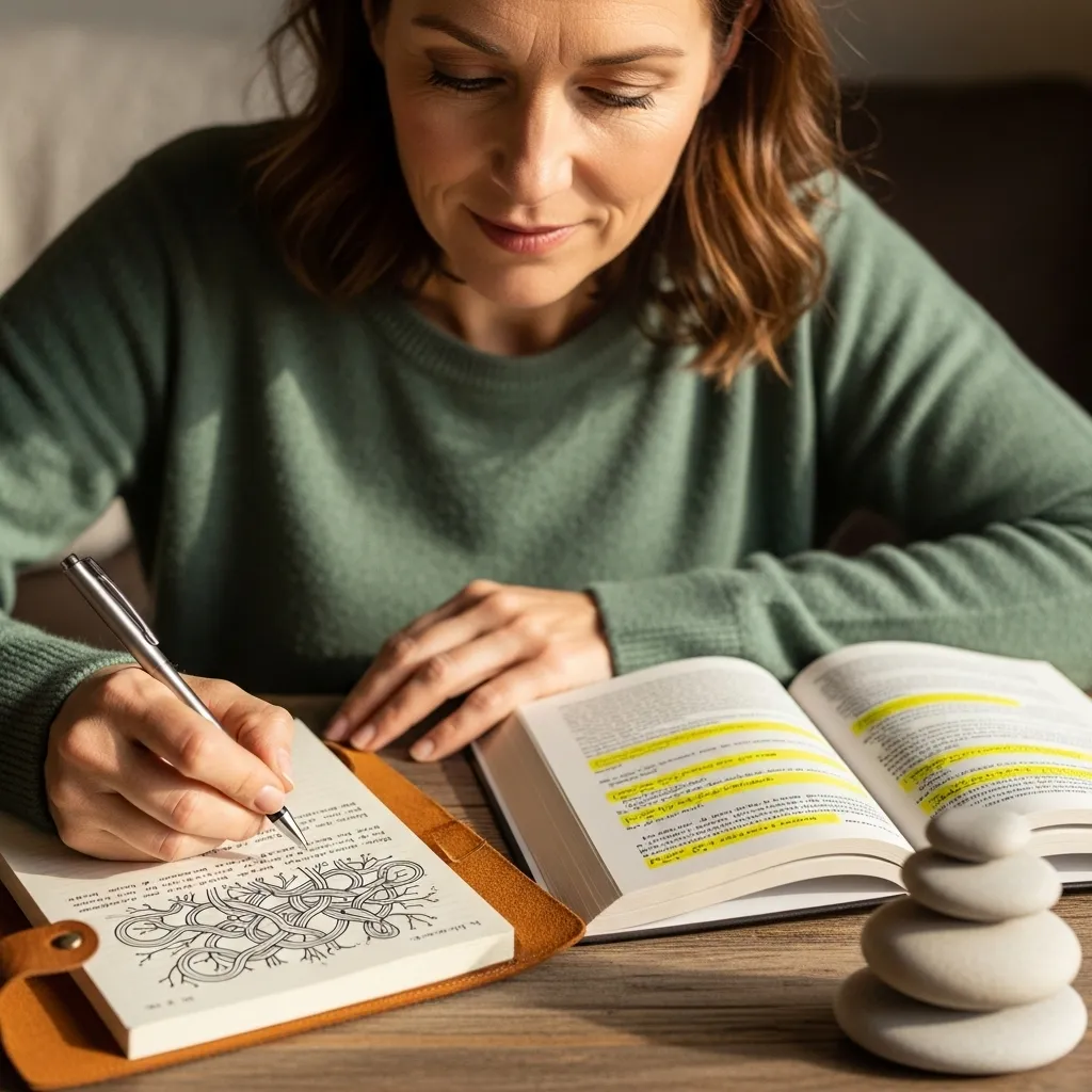 Woman reflecting on relationship dynamics, journaling beside a highlighted book.