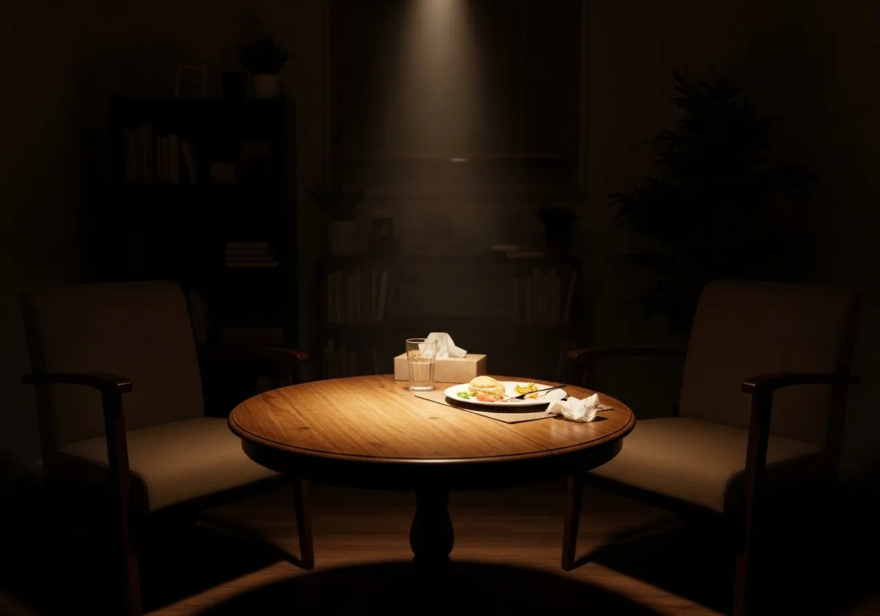 Empty chairs at table, one with a half-eaten meal, spotlight.