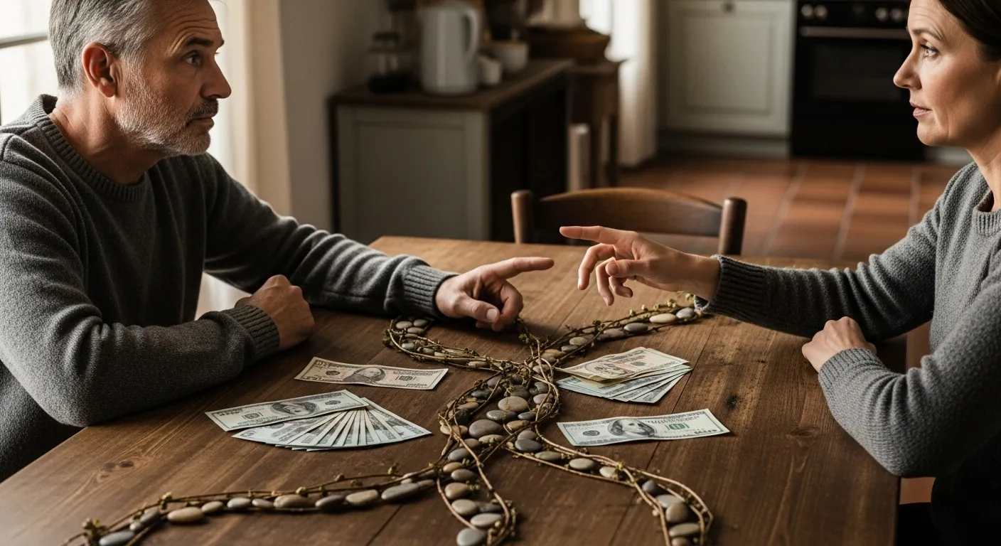 Couple arguing over bills, one upset, other reaching out.