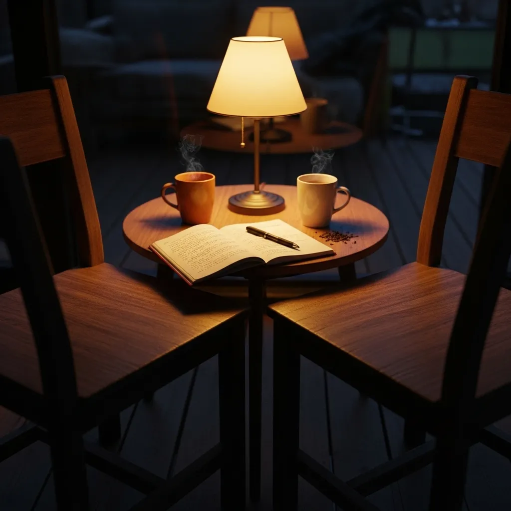 Empty chairs and table set for a check-in conversation.