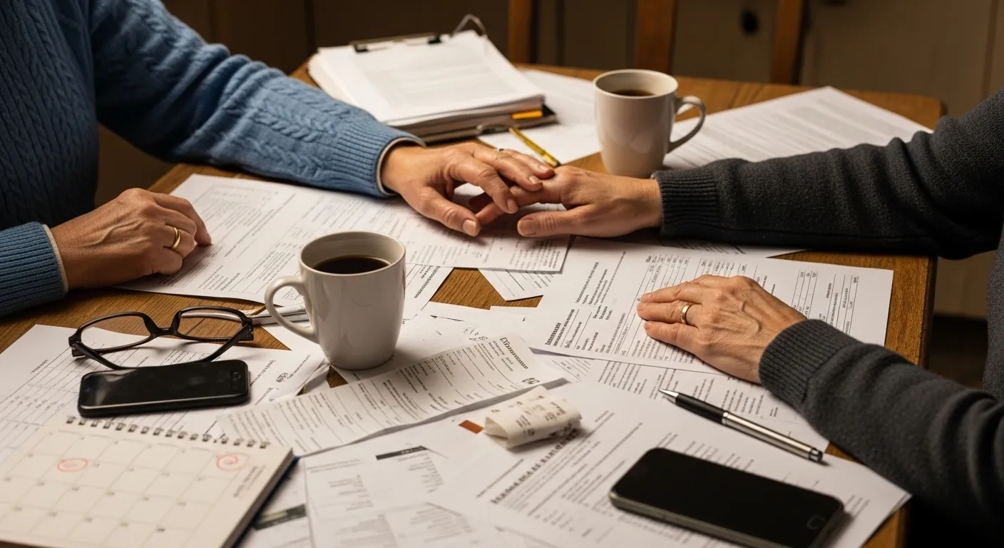 Couple facing financial and medical stress, finding solace in each other's presence.