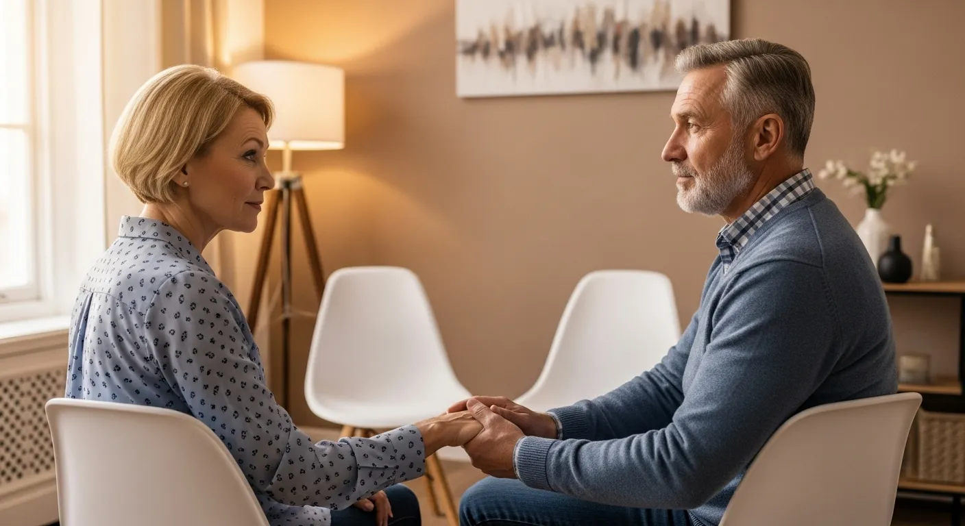 Couple in therapy session, empty chairs symbolize absent perspectives.