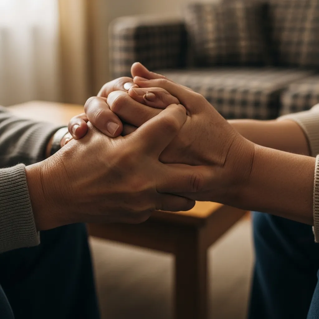 Close-up of tensely clasped hands, symbolizing conflict avoidance and unexpressed feelings.
