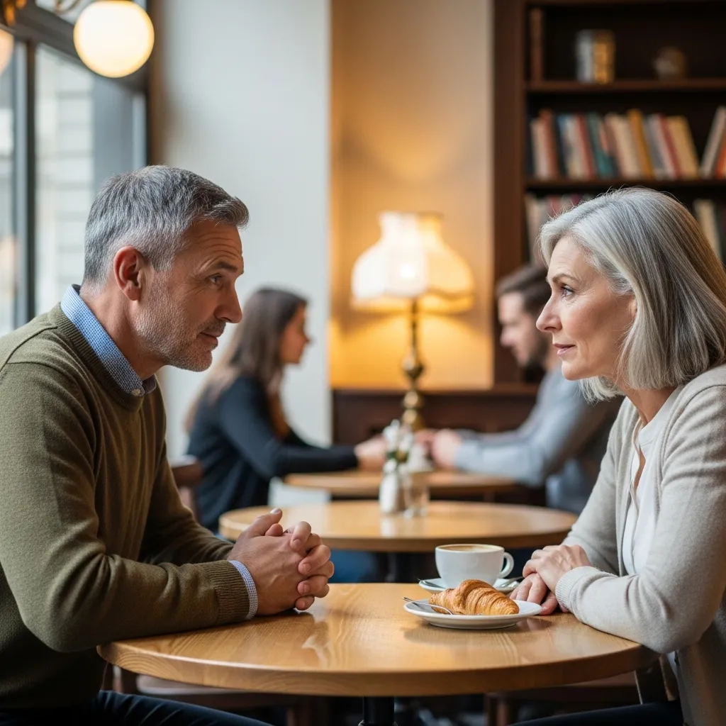 Mature couple practicing active listening during a disagreement at a cafe.