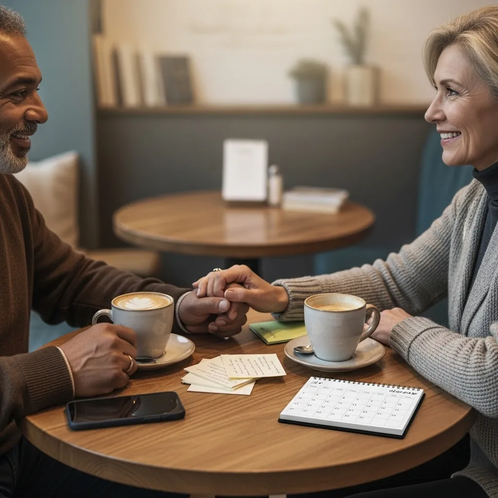 Mature couple enjoying a weekly check-in at a cafe, phones off, holding hands.