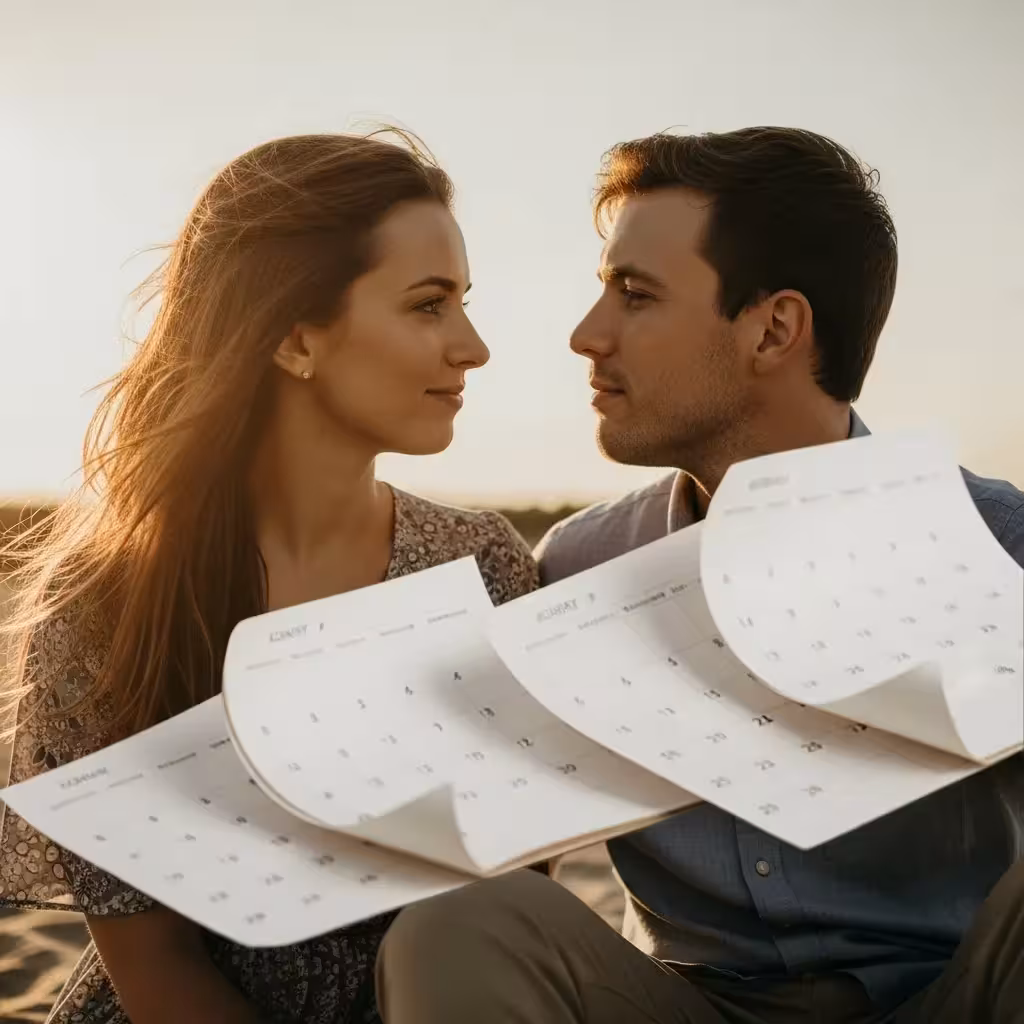 Couple facing empty calendar, symbolizing retirement transition.