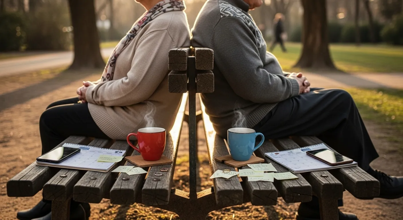 Senior couple sitting back-to-back on park bench, emotional distance.