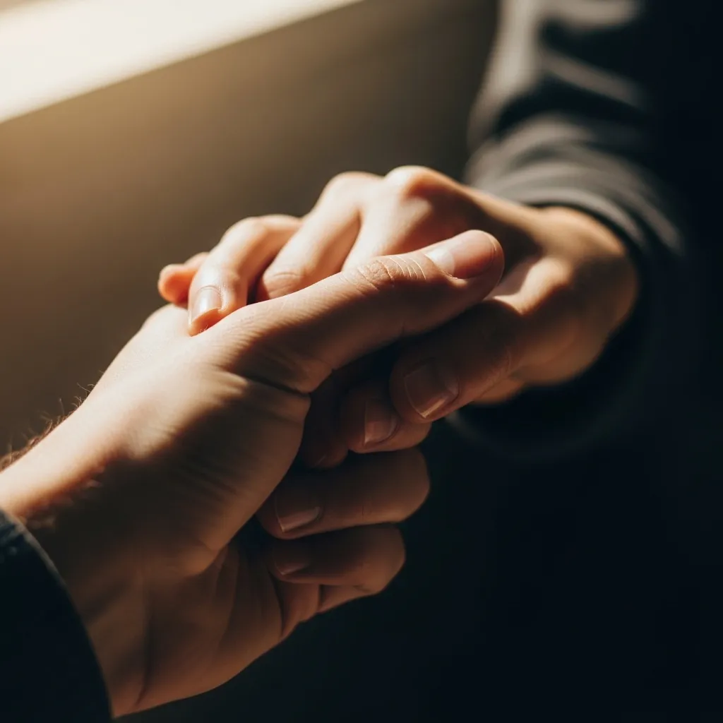 Two hands, one withdrawing, light and shadow symbolizing emotional distance.