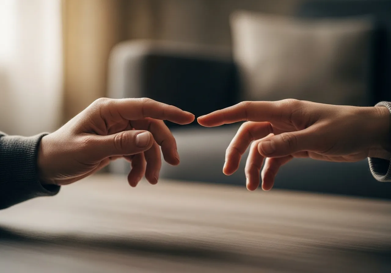 Close-up of hands, almost touching, symbolizing near-miss in communication or emotional connection.