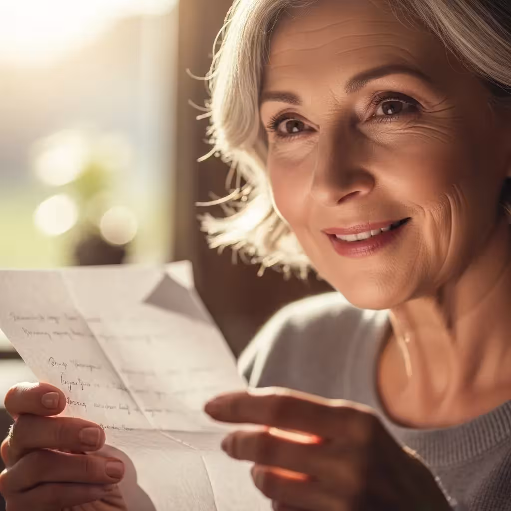Woman writing a letter, expressing hope and vulnerability.