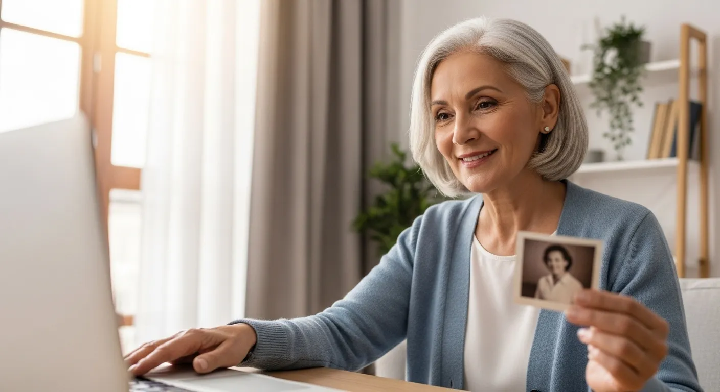 Woman video chatting, representing safe online interactions and digital literacy in senior dating.