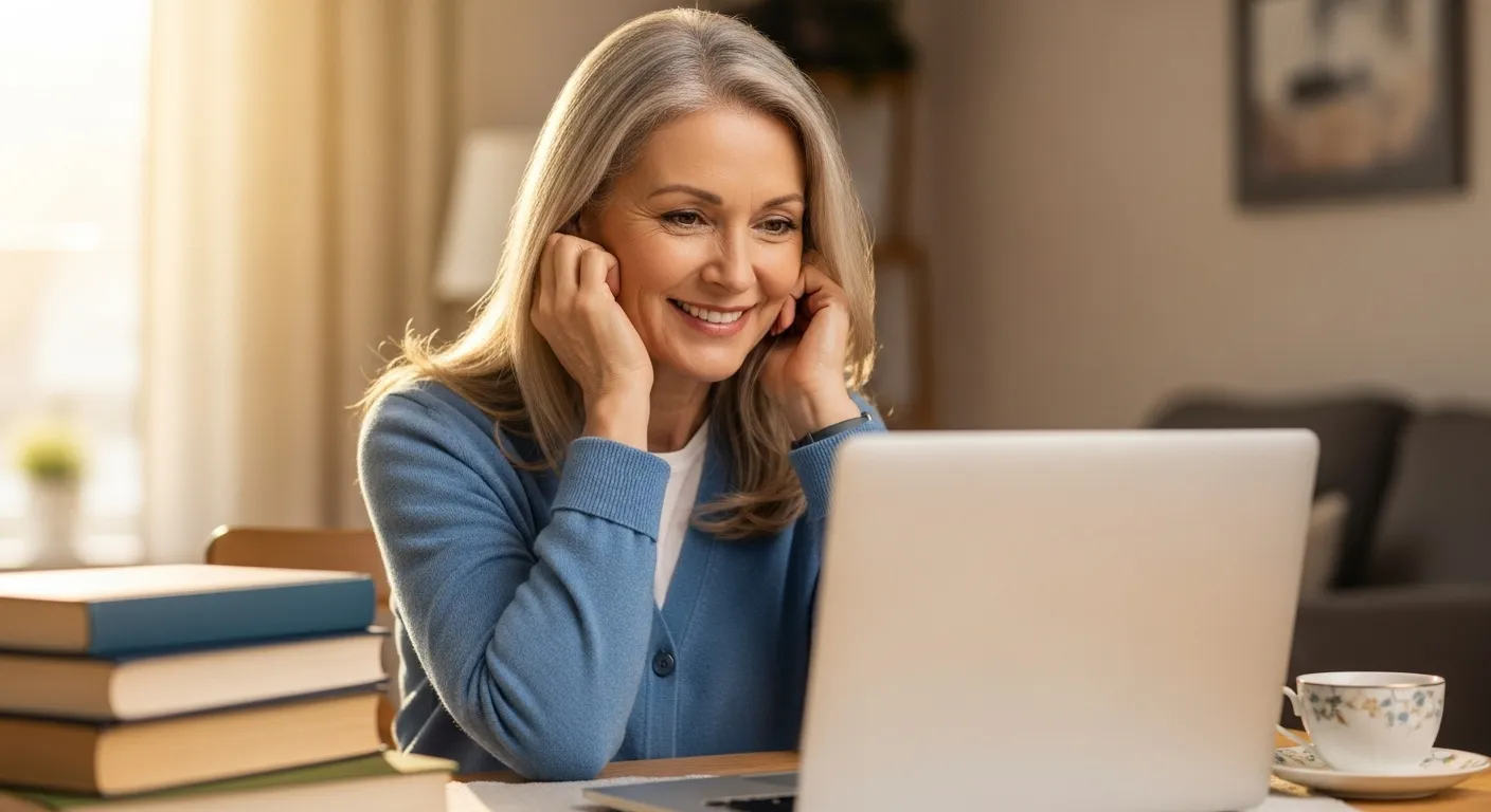 Woman creating online dating profile, comfortable setting.