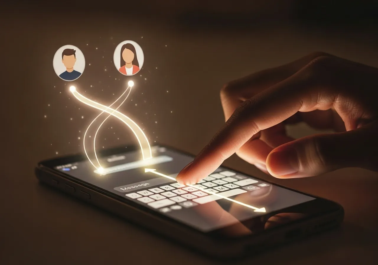 Hand hovers over phone, ready to message online dating match.