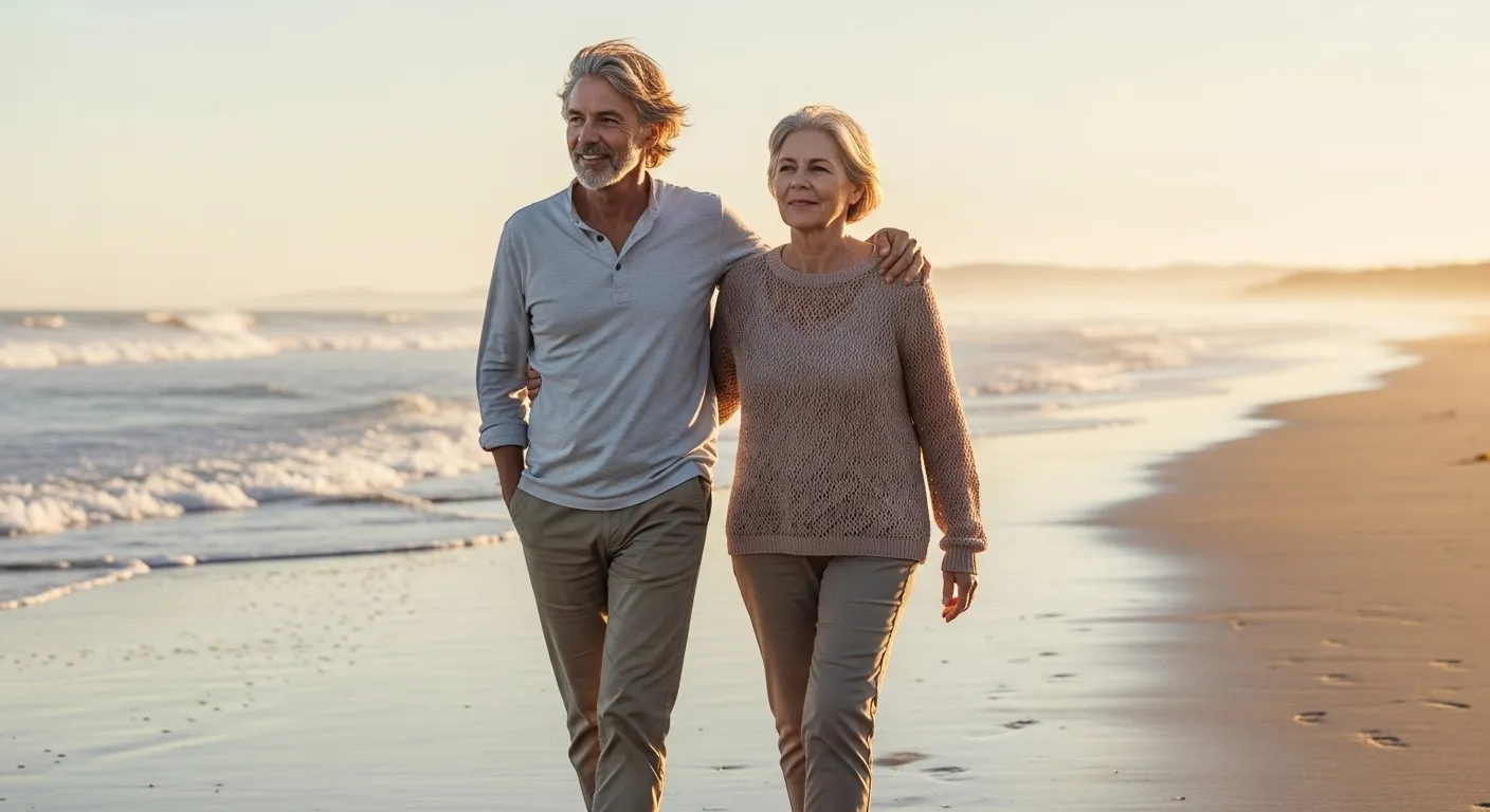 Two people walk on a beach, enjoying companionship and connection.