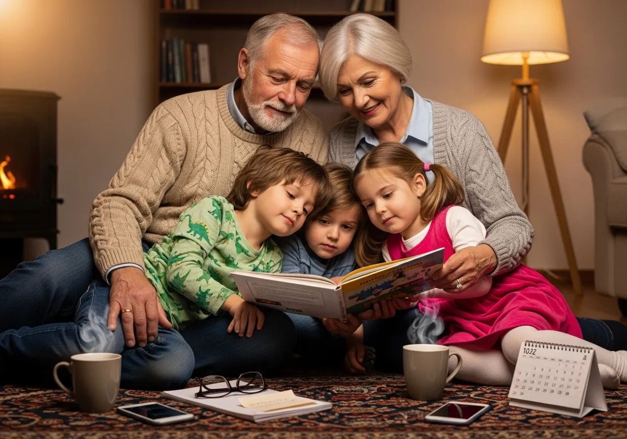 Couple reading to grandchildren, warm living room setting.