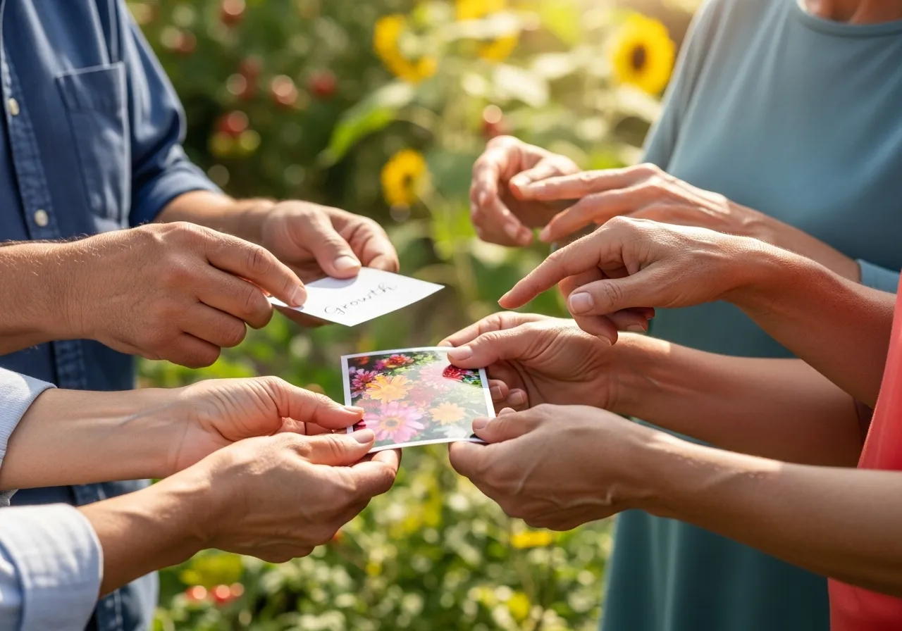 A diverse group laughs together during a community garden work party, symbolizing new growth.