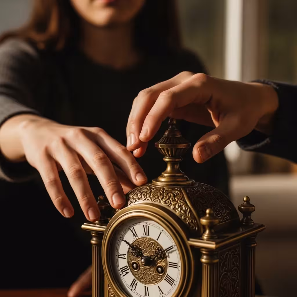 Two hands reaching for an antique clock, symbolizing financial conflict.