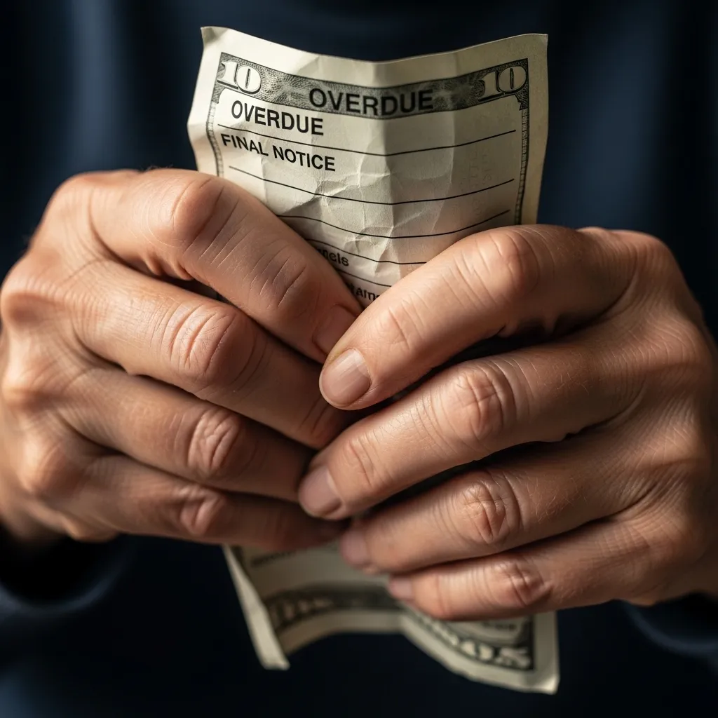 Close-up of hands holding a crumpled overdue bill, conveying financial stress.