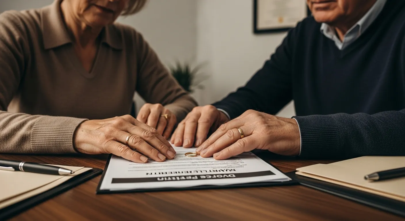 Divorcing couple reviewing papers, rings almost touching.