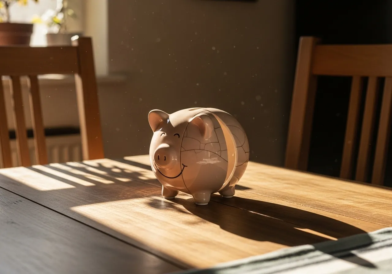A broken piggy bank and empty chairs, symbolizing the aftermath of financial infidelity.