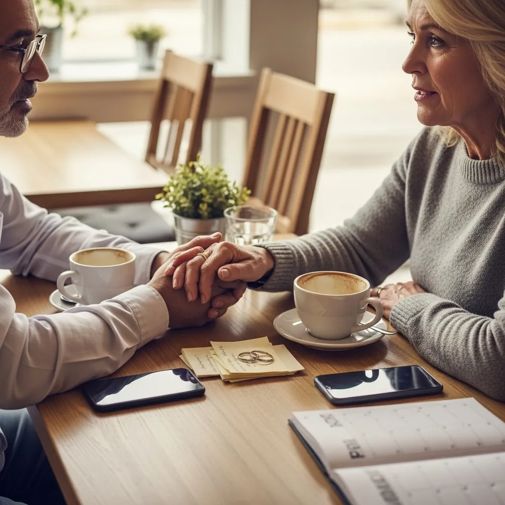 Mature couple in a cafe, discussing finances with empathy.