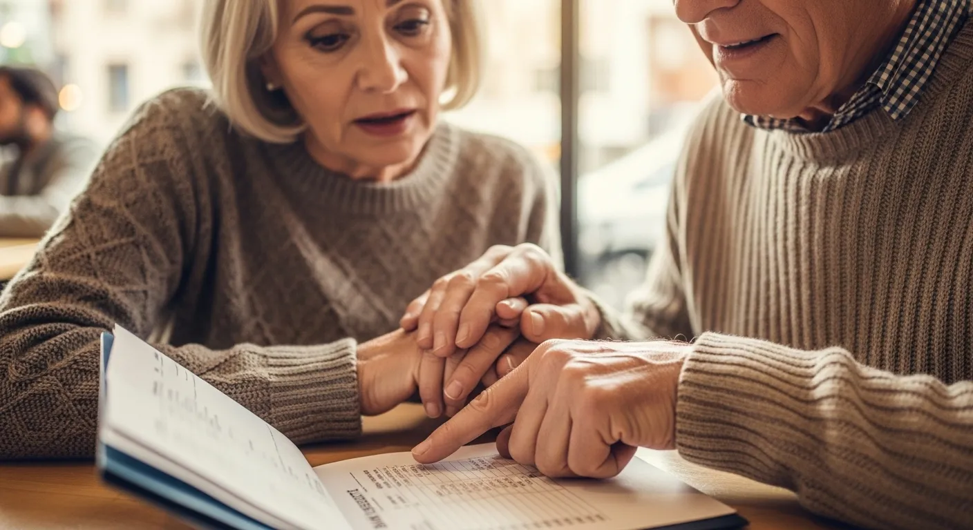 Couple reviewing finances; one partner looks concerned.