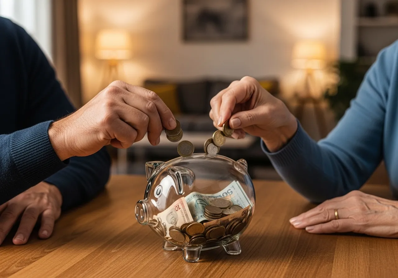 Close-up of hands adding money to piggy bank, representing transparency.