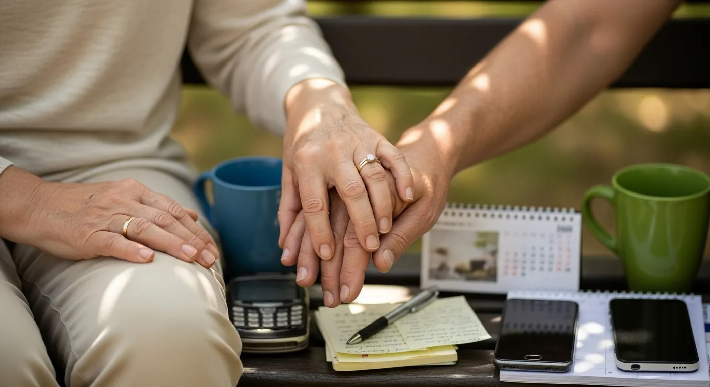 Older couple on park bench, woman's hand gently touching man's.