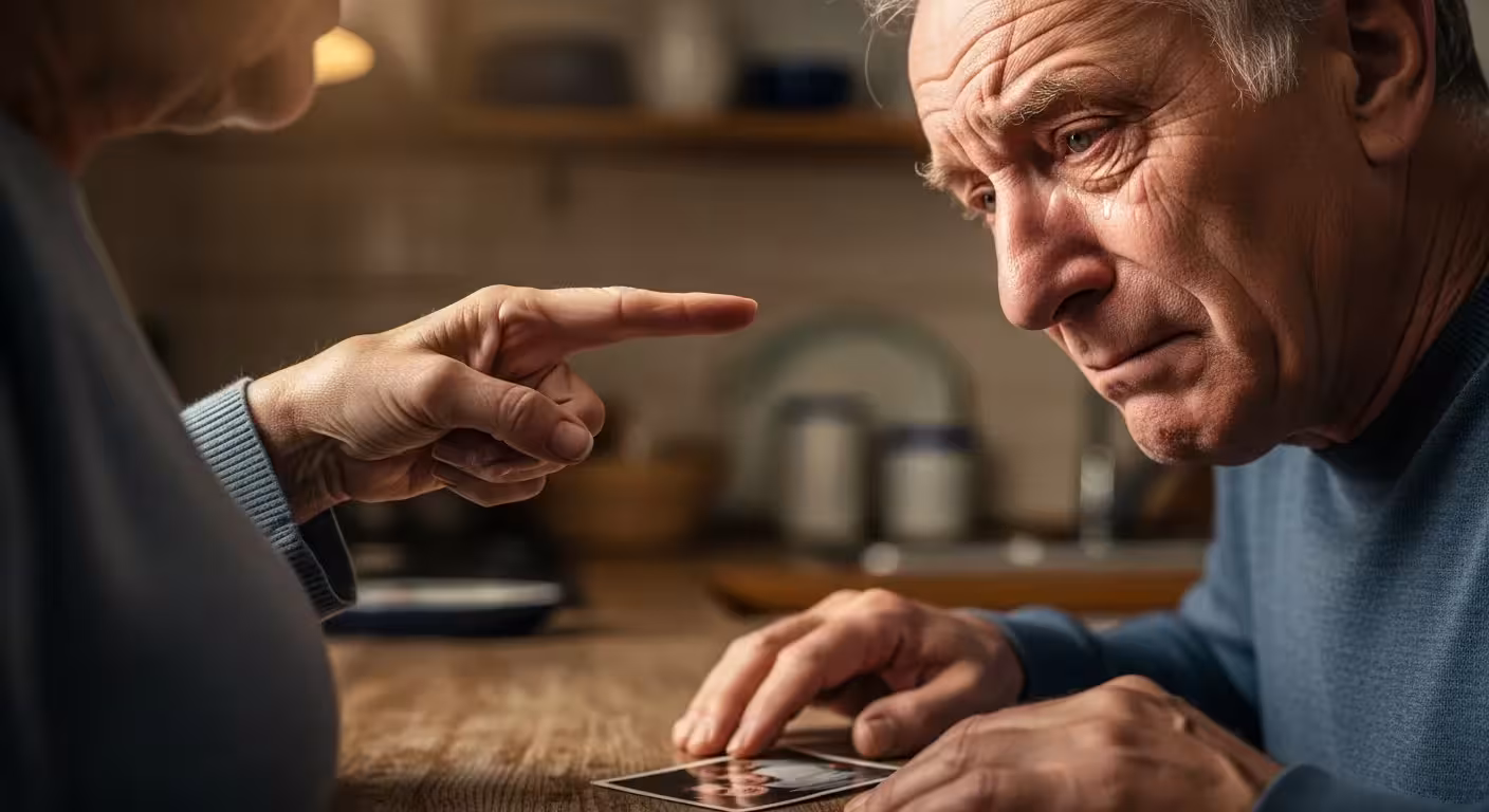 Man feeling criticized, turning away from partner in kitchen.