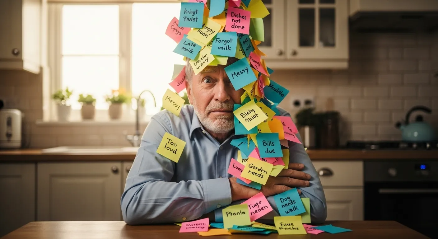 Man overwhelmed by many complaints on sticky notes.