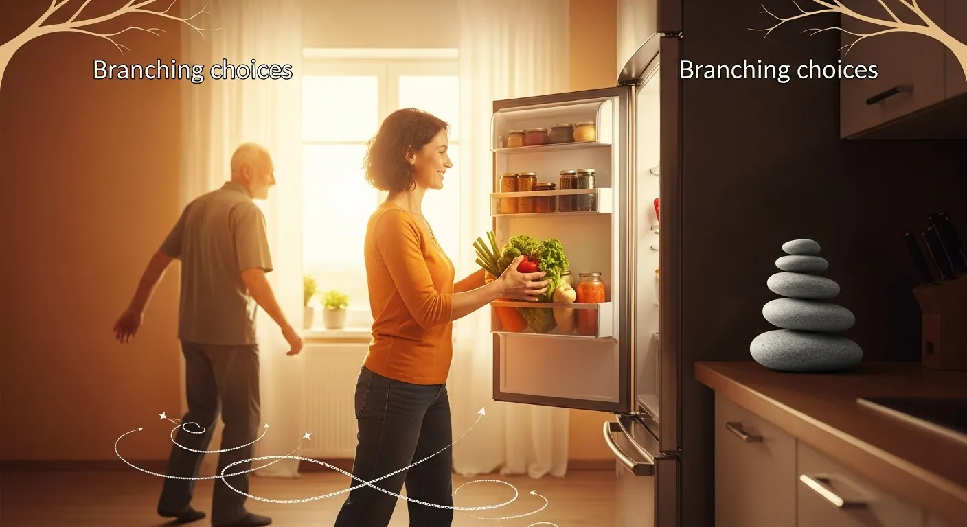 Woman rearranging groceries put away by man, depicting micromanagement.