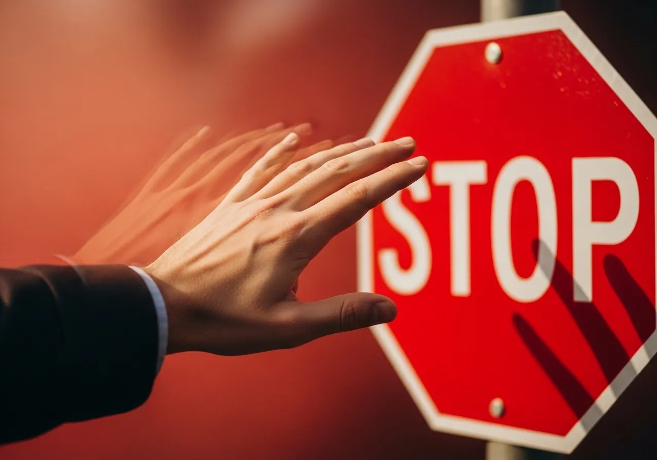 Hand reaching for a stop sign, symbolizing the need to halt escalation.