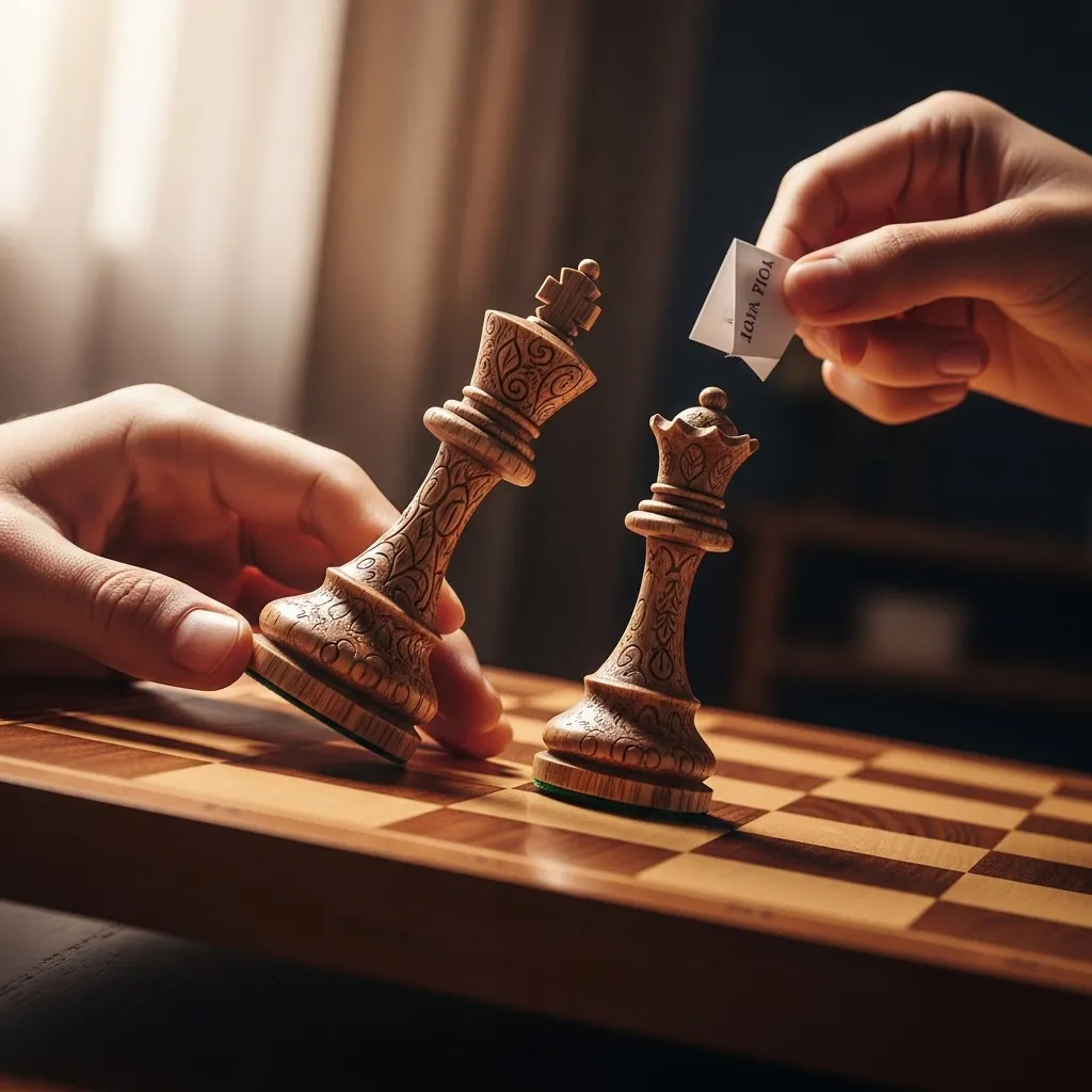 Chess pieces on tilted board, symbolizing contempt.