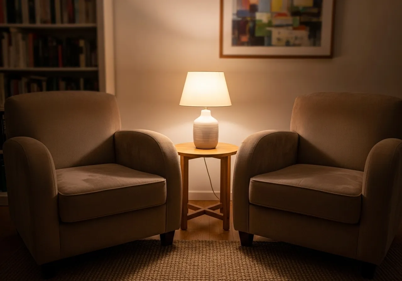 Empty chairs, representing a safe space for open communication.