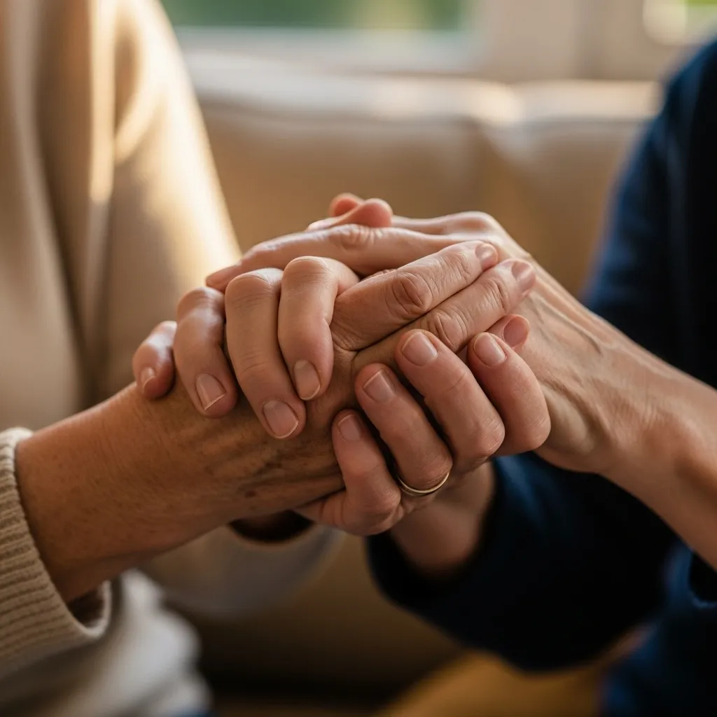 Intertwined hands, showing support and connection amid grief.