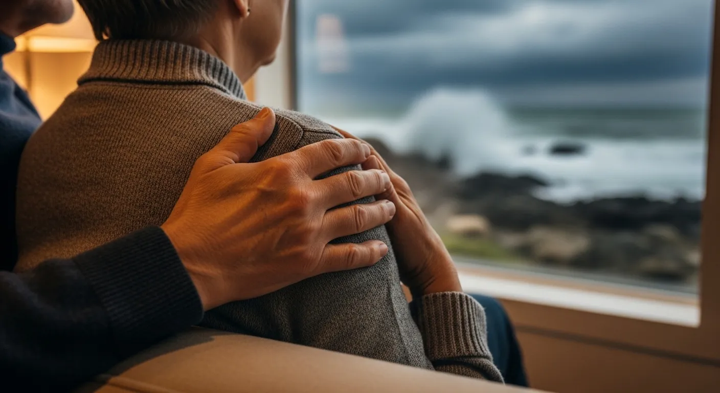 Couple finds solace together, facing a metaphorical storm.