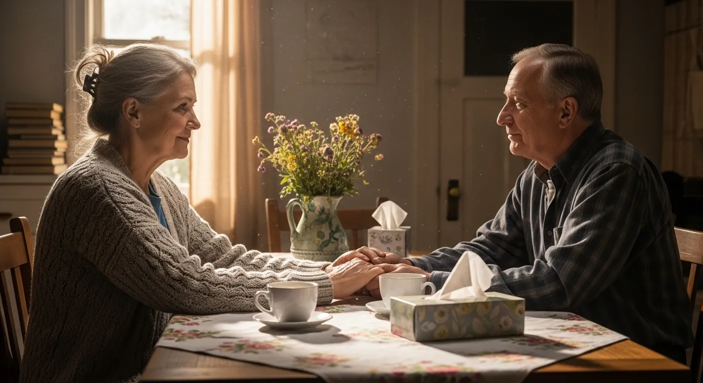 Couple holding hands, offering comfort and support during grief.