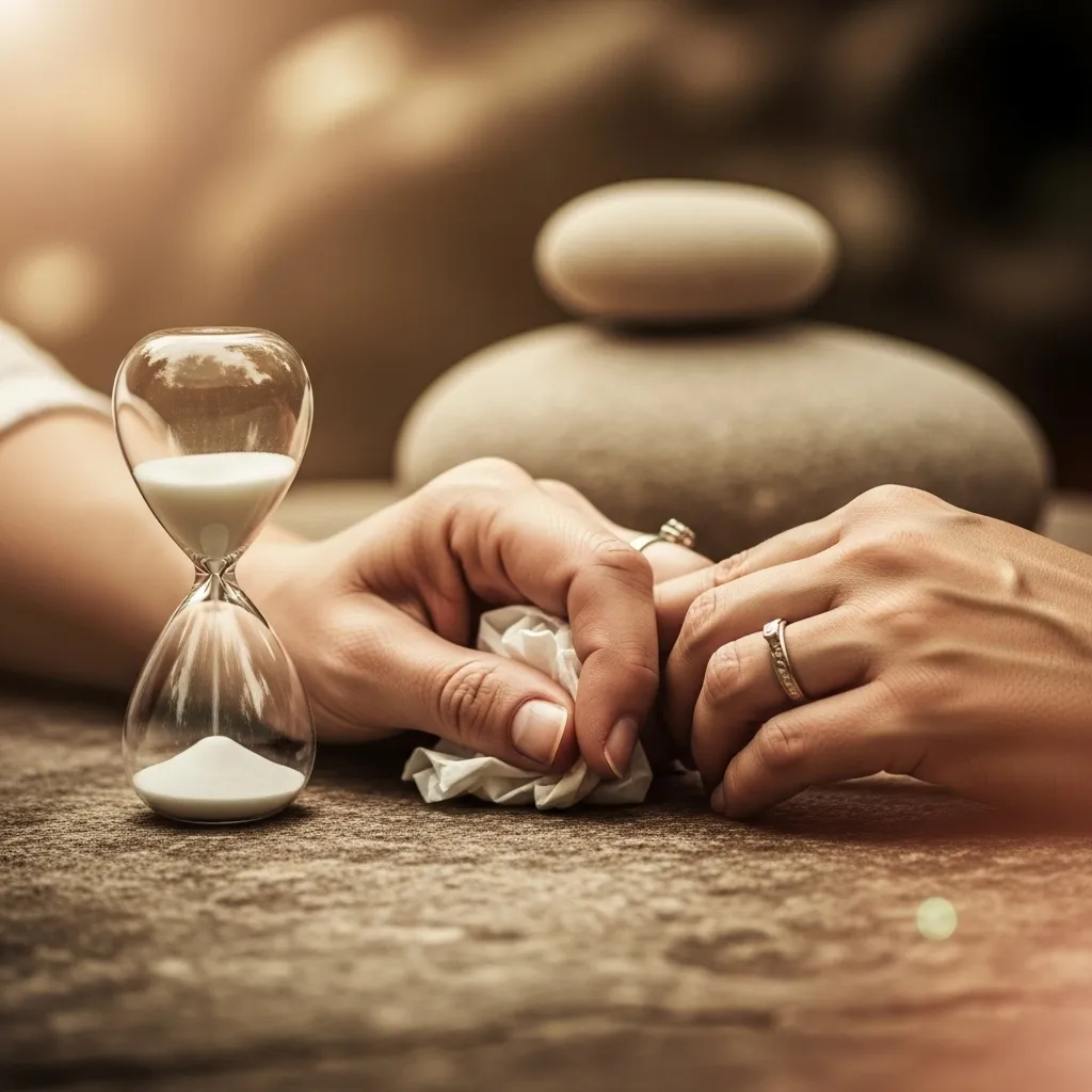 Time-boxing grief conversations, symbolized by hourglass and hands.
