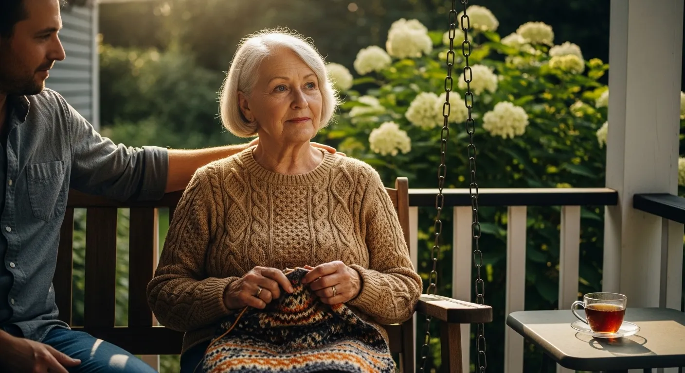 Woman grieves on porch swing, comforted by a supporting hand.