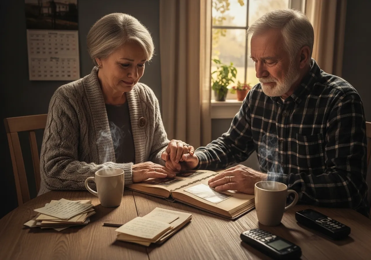 Couple looking at photo albums, holding hands, tearful.