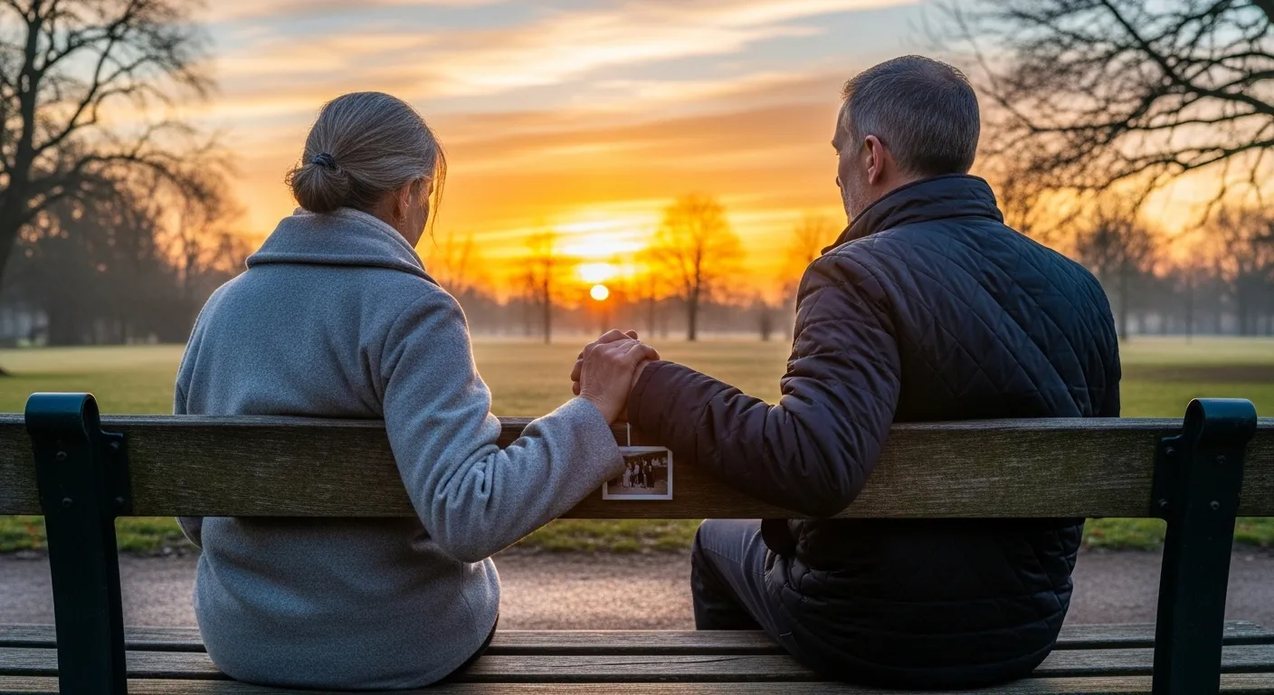 Couple watches sunrise, symbolizing hope and new beginnings.