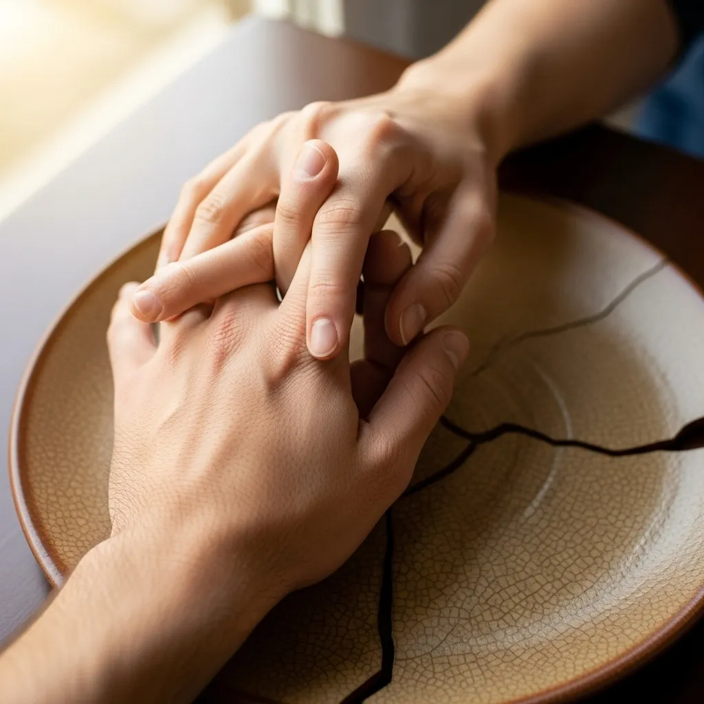Hands intertwined on a cracked plate, symbolizing a fractured relationship.