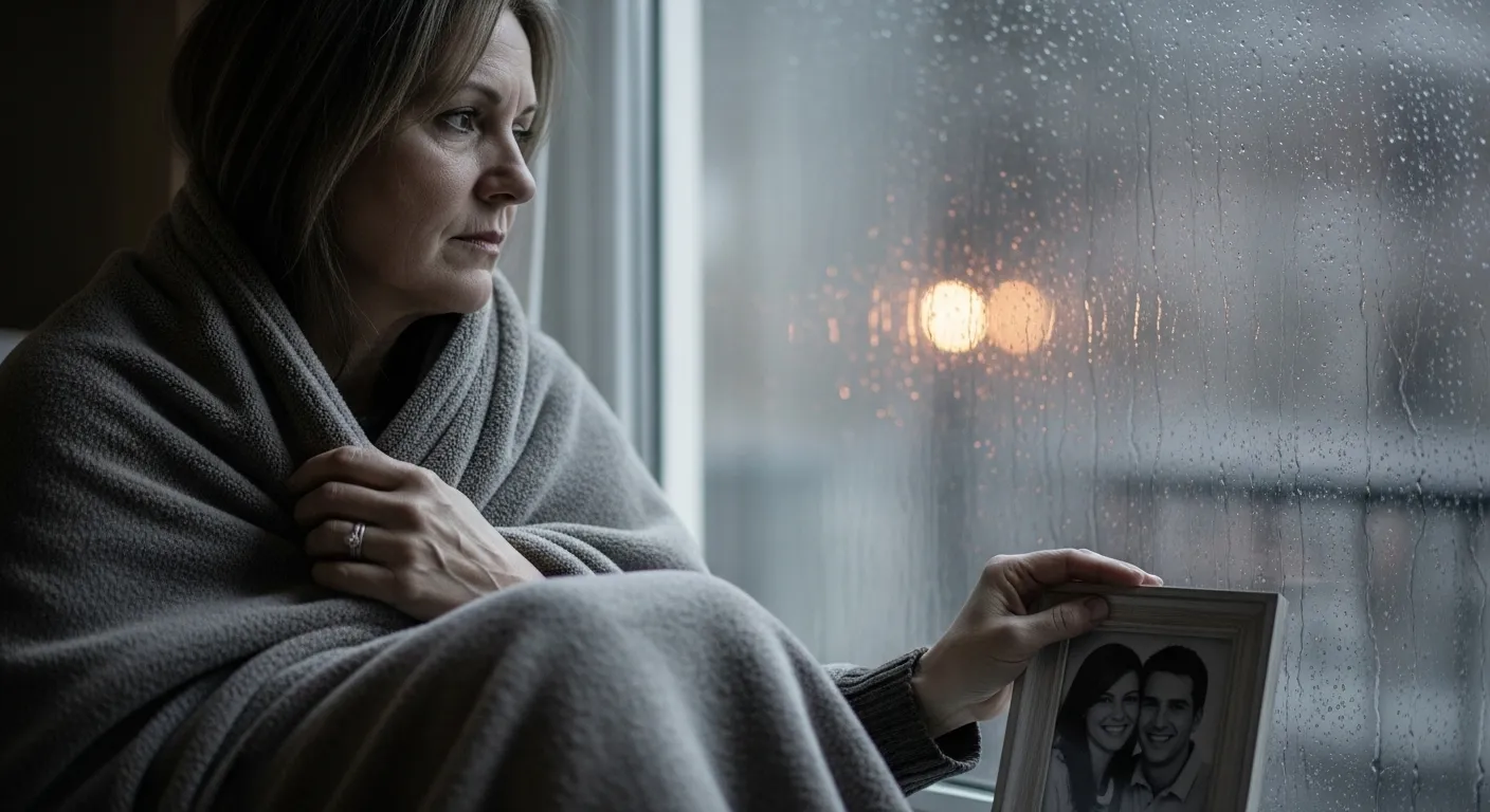 Woman reflects after infidelity, conveying emotional flooding and uncertainty.