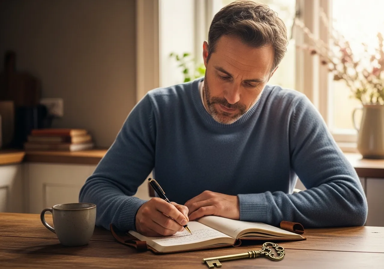 Man journaling with key, representing self-reflection.